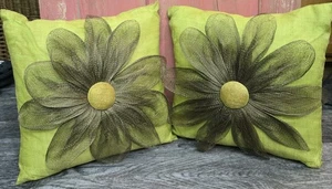 Pair of Decorative Throw Pillows Green with Burlap Flower Design Button Back - Picture 1 of 10