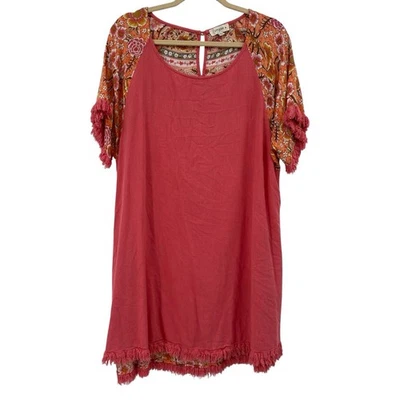 Vestido túnica boho de rayón Umgee talla grande XL coral mangas deshilachadas espalda floral Foto 1 de 4
