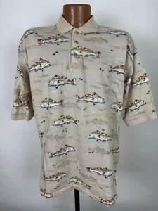 Camisa Polo De Colección Años 90 Bluewater Piqué 2XL Delgada Beige Estampado de Peces Hawaiana Exterior - Imagen 1 de 15