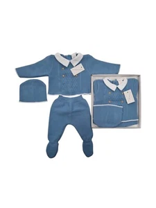 NEWBORN BOY KNITTED OUTFIT SPANISH BLUE BOXED PRAM SET + HAT BABY BOYS GIFT - Picture 1 of 2