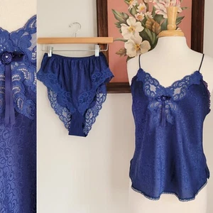 80s Christian Dior Navy Lacy Floral 1980s Vintage Lingerie Two Piece Satin Set - Picture 1 of 14