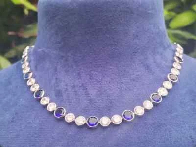 4MM Round Lab Created Sapphire Women's Choker Necklace 14K White Gold Plated 16" - Image 1 of 4