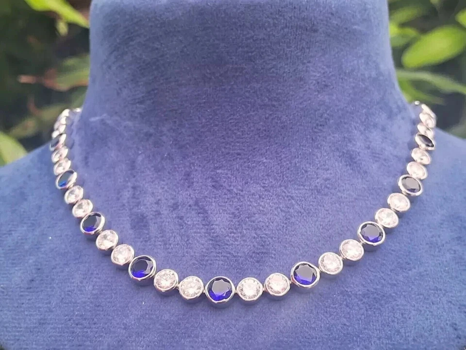4MM Round Lab Created Sapphire Women's Choker Necklace 14K White Gold Plated 16" - Image 1 of 4