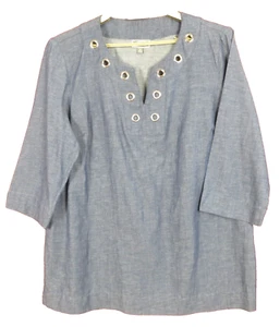 TB13917- JM COLLECTION Women's Linen Chambray Blouse 3/4 Sleeve Blue Size XL - Picture 1 of 8