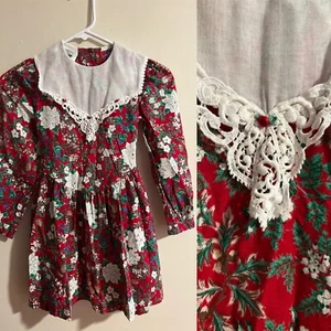 Vintage Red Ribbons and Lace Girls Size 7 Lace Floral Cottagecore Dress - Picture 1 of 13