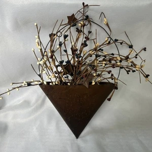 Vintage Primitive Punched Tin Wall Pocket Holder With Pip Berries & Rustic Stars - Picture 1 of 5