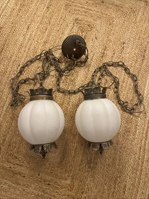 (2) 60s/70s WHITE RIBBED MILK GLASS GLOBE CHANDELIER Hollywood Regency swag lamp - Image 1 of 4