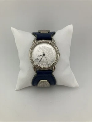Vtg GIORDANO Men 35mm Watch Silver Tone Indian Head Liberty Dial Blue Band- RUNS — 第 1/4 张图片