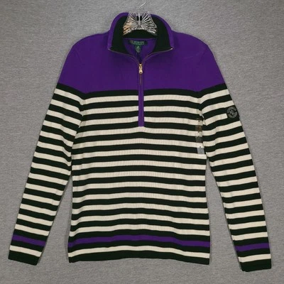 Suéter Ralph Lauren LRL Mujer Mediano Negro Púrpura Rayas Preppy Dinero Clásico Foto 1 de 4