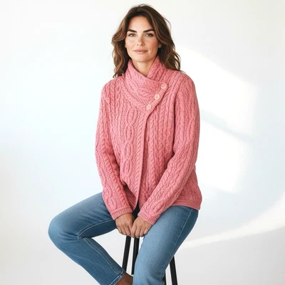 Suéter tejido con cable 100 % lana merino Aran Crafts Ireland melocotón M Foto 1 de 4