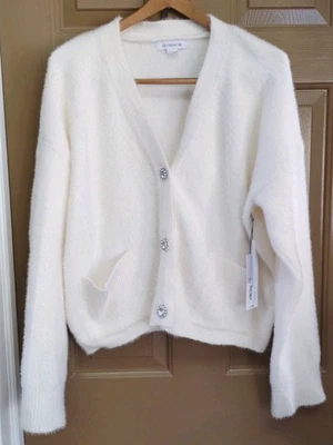 NUEVO LIZ CLAIBORNE BLANCO SUAVE DIFUSO CÁRDIGAN SUÉTER IMITACIÓN ESTRÁS BOTÓN TALLA XL Foto 1 de 4