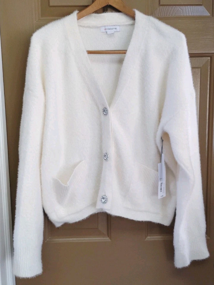 NUEVO LIZ CLAIBORNE BLANCO SUAVE DIFUSO CÁRDIGAN SUÉTER IMITACIÓN ESTRÁS BOTÓN TALLA XL Foto 1 de 4