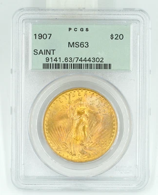 1907 PCGS MS63 Saint Gaudens $20 Oro Doble Águila Antiguo Soporte Verde Foto 1 de 3