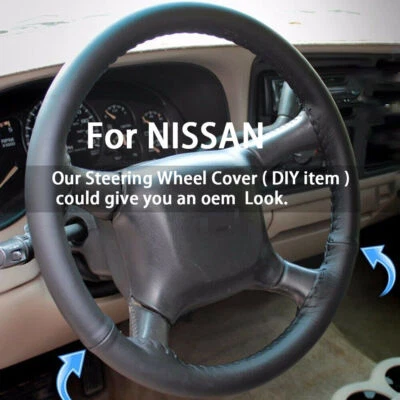 Nuevo Cuero Genuino Para Nissan Negro 15" Diámetro Coche Auto Volante Cubierta Foto 1 de 4