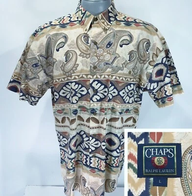 Camisa CHAPS Ralph Lauren Vintage Años 90 L Grande Azul Tostado Manga Corta Cachemira Hombres Foto 1 de 4