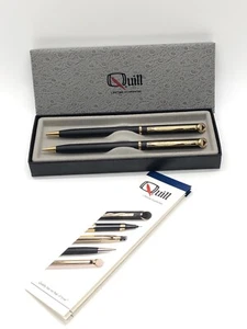 VINTAGE QUILL BRAND PEN & PENCIL SET W/BOX BLACK & GOLD ( WORKS GREAT! ) - Picture 1 of 9