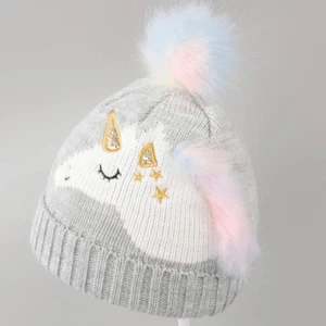 Toddler Kids Cute Winter Knit Unicorn Rainbow Pompom Beanie Hat - Picture 1 of 4