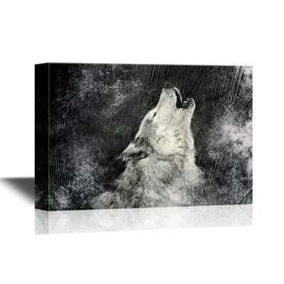 wall26 - Canvas - Howling Wolf with Grunge Background in Black and White - 16x24 - Image 1 of 3