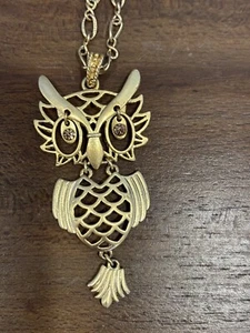 VTG Avon SM Gold Tone Articulated Hinged Owl Pendant Necklace AMBER RHINESTONES  - Picture 1 of 4