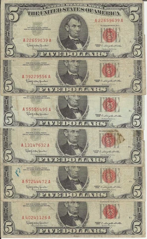 $5 Five Dollar Red Seal Lincoln Dollars ☆Red Certificate Old Money☆ 1963 ☆ Cover