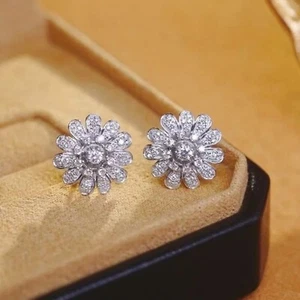 Round Cut VVS1/D Diamond Unique Cluster Stud Earrings 14K White Gold Finish - Picture 1 of 6