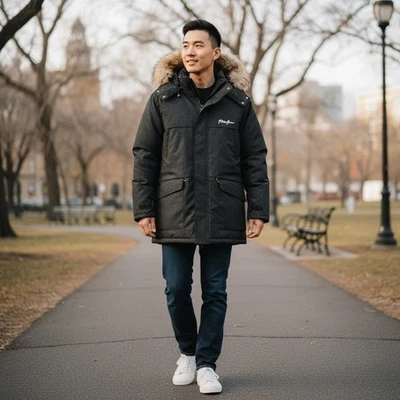 Vintage Phat Farm Mens XL Black Hooded Parka Jacket Fur Trim Puffer Down Feather - Image 1 of 4