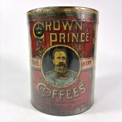 Antique Crown Prince 2lb Paper Label Advertising Coffee Tin Ross Weir NY Rare - Image 1 of 4