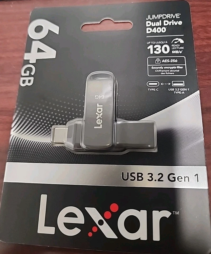 Lexar JumpDrive D400 Dual 64GB USB 3.1 Flash Drive Titanium (LJDD400-64G-BNU) - Image 1 of 1