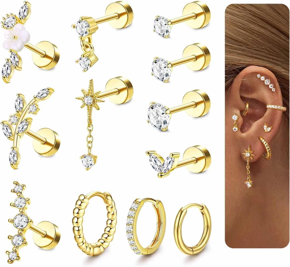 LOLIAS 16 Gauge Cartilage Earrings for Women Flat Back-Hypoallergenic Surgical S