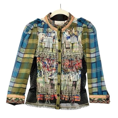 Byron Lars Beauty Mark Fringed Jacket Plaid Patchwork Sheer Lace Blouse Top Sz 6 - Image 1 of 4