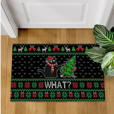 Felpudo feo de Navidad divertido gato, ¿qué? Alfombra de vacaciones, fieltro de poliéster, 2 tamaños Foto 1 de 4