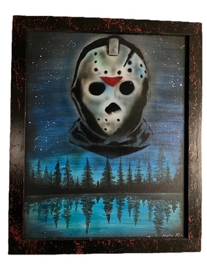 Jason Voorhees Original Framed Art Oil Painting Friday 13th Lake Signed M Martin - Image 1 of 4