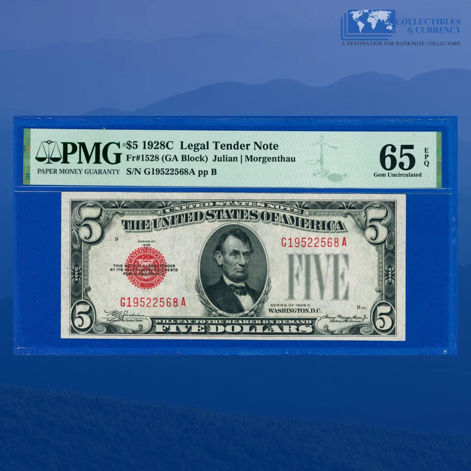 Fr.1528 1928C $5 Five Dollars Legal Tender Note,G/A Block, PMG GEM 65 EPQ #22568 - Image 1 of 3