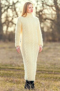 Elfenbein Mohair Kleid lang Fuzzy Pullover dickes Kabel Handstrick Kleid SUPERTANYA - Bild 1 von 9