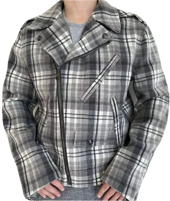 Chaqueta de Motociclista Ralph Lauren Etiqueta Púrpura Lana Franela Cuadros Moto Gris XL $2495 Foto 1 de 4