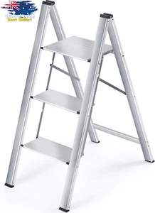 3 Step Aluminium Folding Ladder, Portable Step Stool, Slim Design - Picture 1 of 12