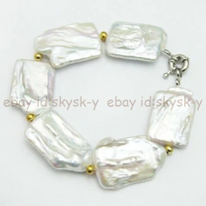15x20mm Natural White Rectangle Square Freshwater Baroque Pearl Bracelet 7.5'' - Picture 1 of 12