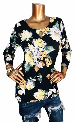 Blusa túnica elástica Anne Klein M Top ojo de cerradura estampados florales 3/4 Slvs logotipo AK Foto 1 de 4