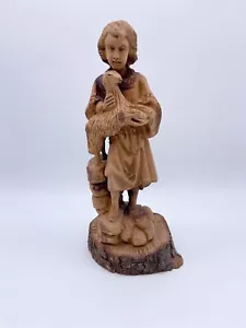 Vintage Folk Art Hand Carved Wood Shepherd Boy w/ Lamb Figurine Live Edge Base - Picture 1 of 12