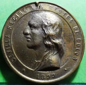 vz, Bronzeguss Medaille, CRISTOBAL COLON, Sevilla erhält die Überreste des Colon. - Bild 1 von 2
