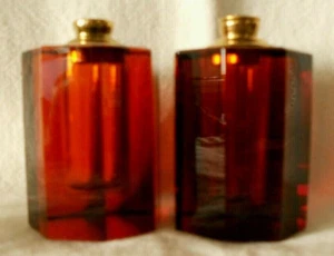 2 / Two Paneled AMBER Crystal Perfume Bottles 1 / One With Dauber 2 3/4" Tall - Picture 1 of 7