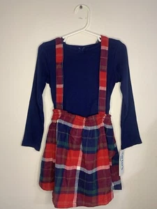 Carters Toddler Girls 2 PC Outfit Blue Shirt & Red Plaid Jumper Dress Set 3T - Picture 1 of 7