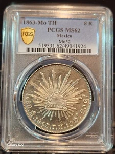 1863-Mo TH 8 Reales PCGS MS62 Mexico Mo52 Gold Shield (Pop 5) looks Proof-Like - Picture 1 of 7