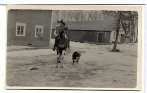DOG RPPC Snow WINTER Horse RIDER Barns AZO OLD Vintage Real Photo Postcard - Picture 1 of 2