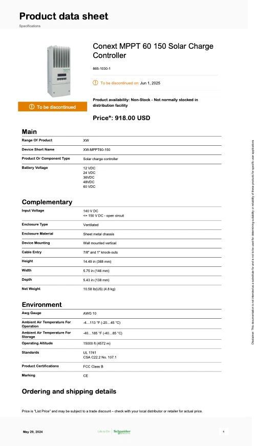 施耐德电气 865-1030-1 Conext MPPT 60 150 太阳能充电控制器 — 第 1/1 张图片