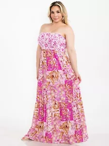 Plus Size Pink Floral Maxi Dress 2X Strapless Lined - Picture 1 of 3