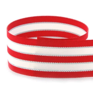 5 yards 1.5" Christmas Holiday Red Silver White Stripes Woven Grosgrain Ribbon  - Picture 1 of 2
