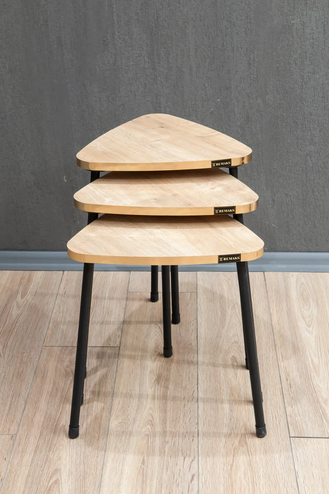 Triangular Metal Leg 3-Piece Nesting Tea Table Serving – Atlantic Pine/ Gold - Image 1 of 3