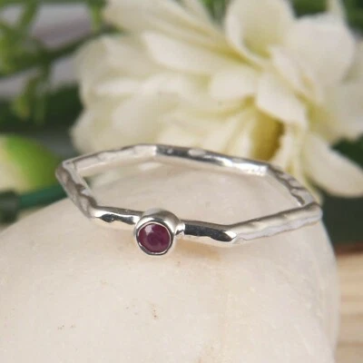 Hexagon Band Ruby Stackable Ring 925 Sterling Silver Thin Minimalist Ring - Image 1 of 4