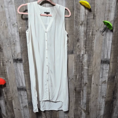 Vestido midi Eileen Fisher creme colarinho mandarim botão para baixo - Imagem 1 de 4